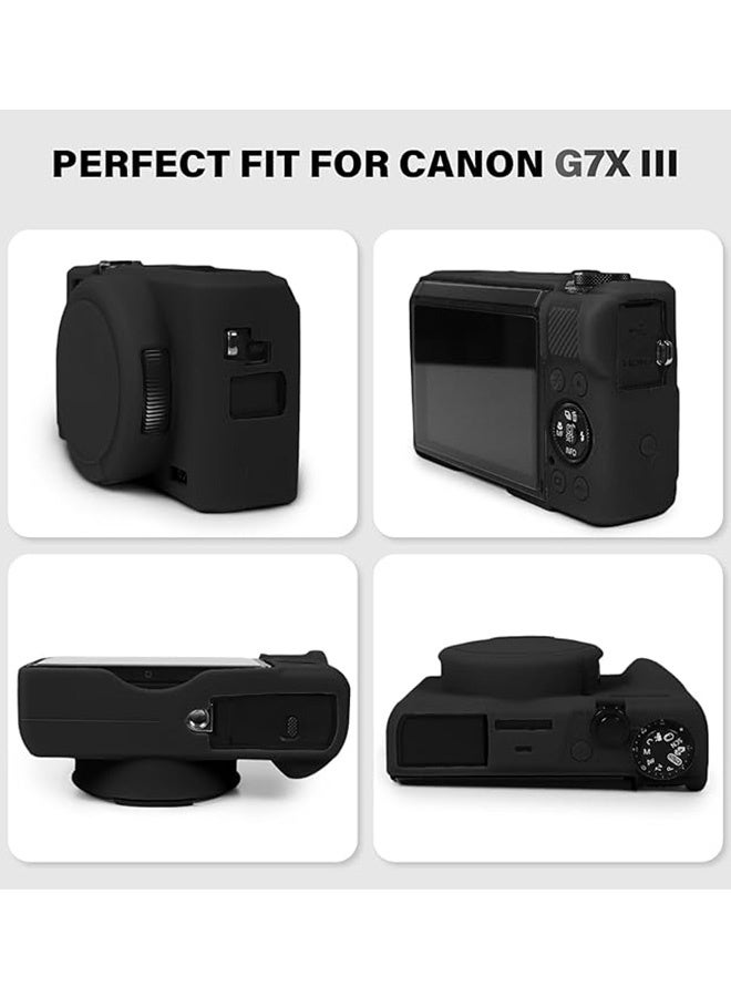 حافظة سيليكون مع واقي شاشة من الزجاج المقوى لكاميرا Canon Powershot G7 X Mark III الرقمية غطاء واقي ناعم من السيليكون مع غطاء عدسة قابل للإزالة مضاد للانزلاق ومضاد للخدش أسود - Image 3